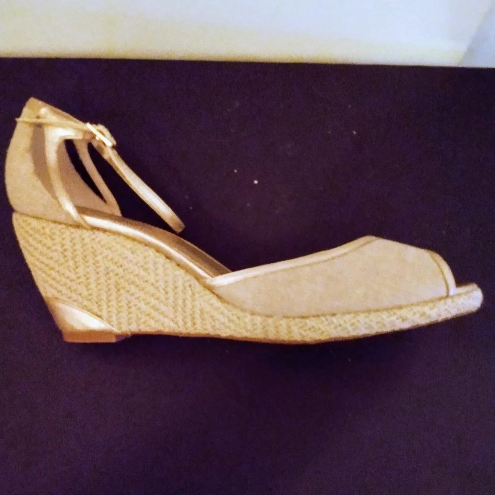 Wedge Peep-Toe Ankle-Strap Sandals in Beige